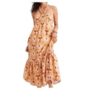 Aerie Mustard Boho Ikat Halter Maxi SunDress Linen Smocked High Low Small